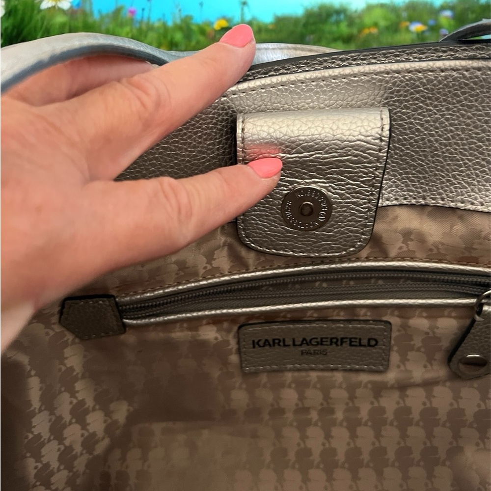 Karl Lagerfeld Metallic Silver Tote or Crossbody Bag - Picture 7 of 12